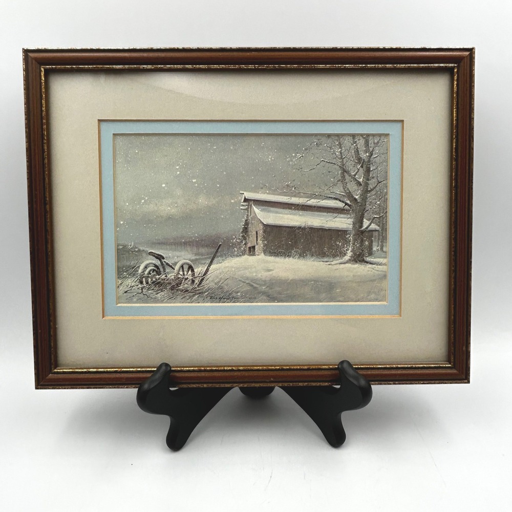 Ben Hampton Art Signed Brown Small Framed Winter Barn 1978 10.75 W x 8.25 T Inch
